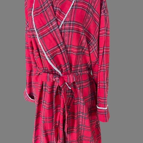 Lanz of Salzburg Red Plaid Tartan Flannel Womens Robe Tie Belt Lace Large - Picture 8 of 10